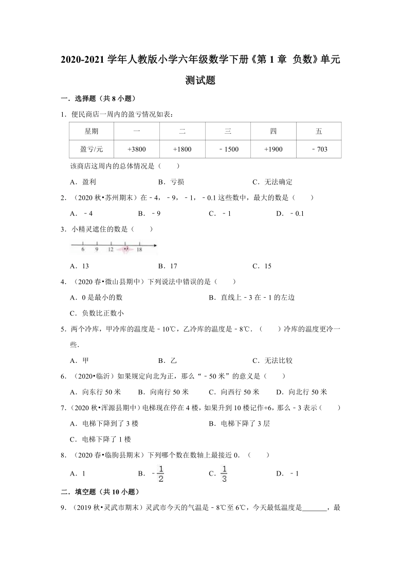 人教版小学六年级数学下册 负数单元测试题(有答案)