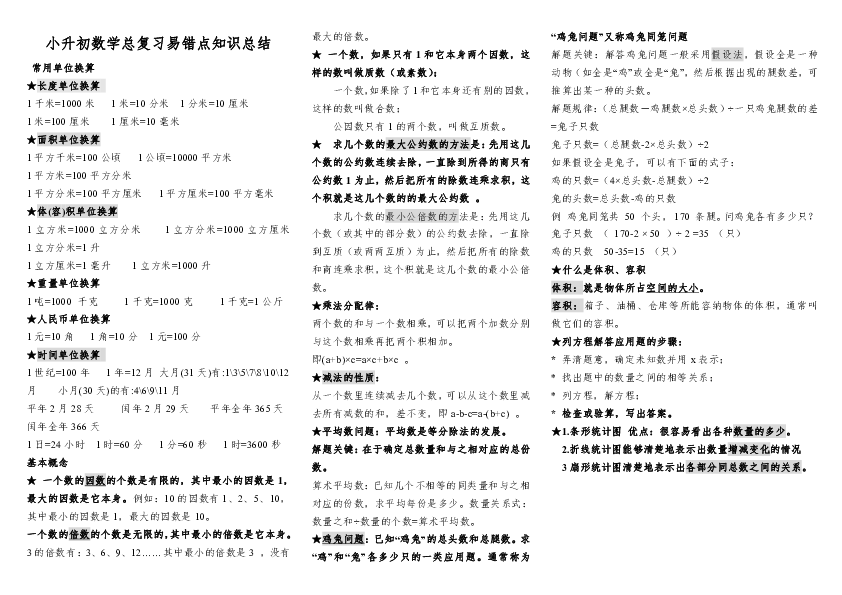 小升初数学总复习易错点知识总结(知识点总汇)