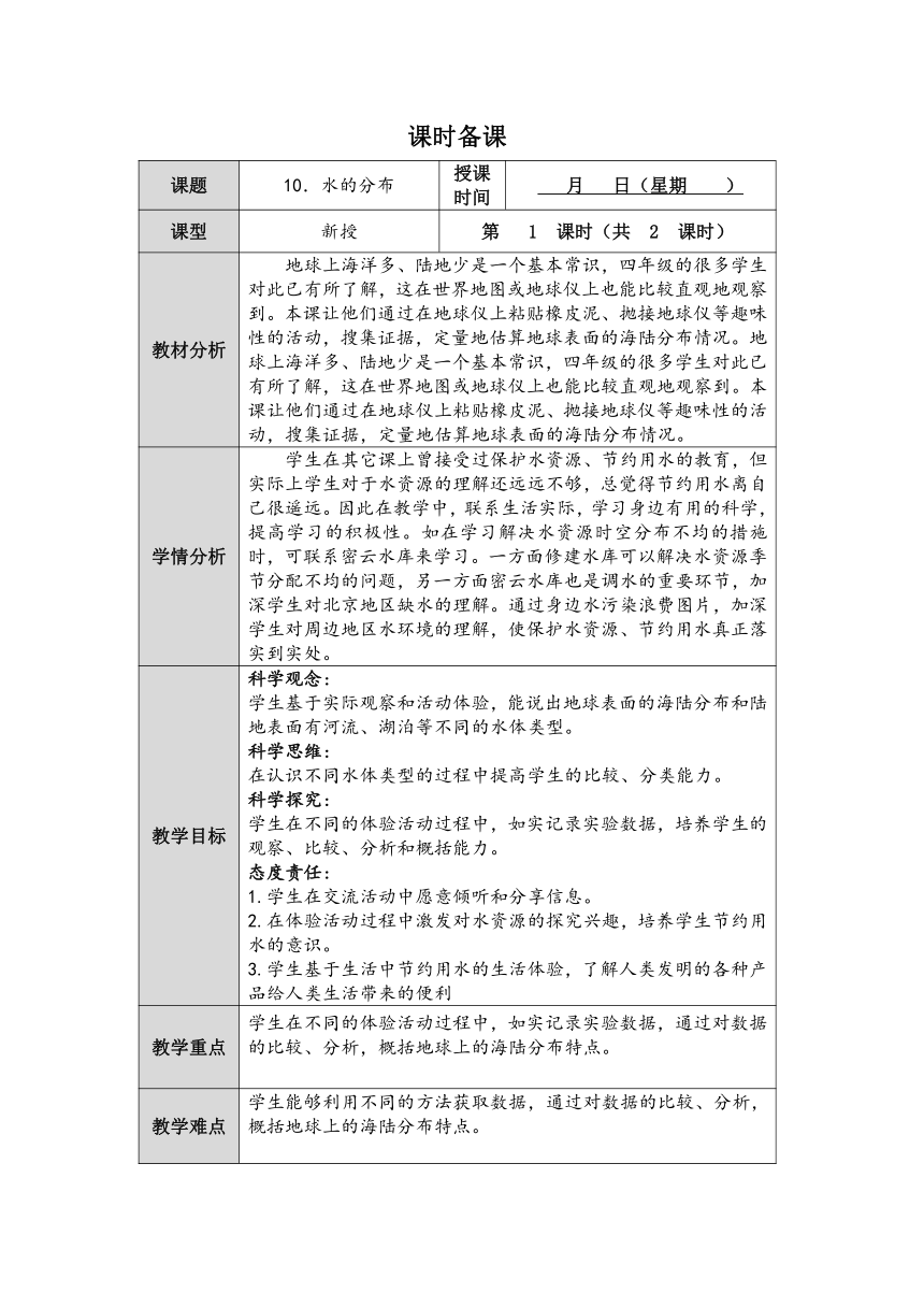 人教鄂教版小学科学四年级上册第四单元《地球上的水》单元备课（表格式）