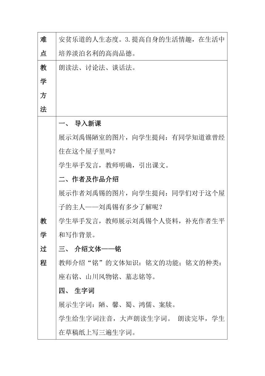 2023—2024学年统编版语文七年级下册 第17课《短文两篇——陋室铭》教学设计