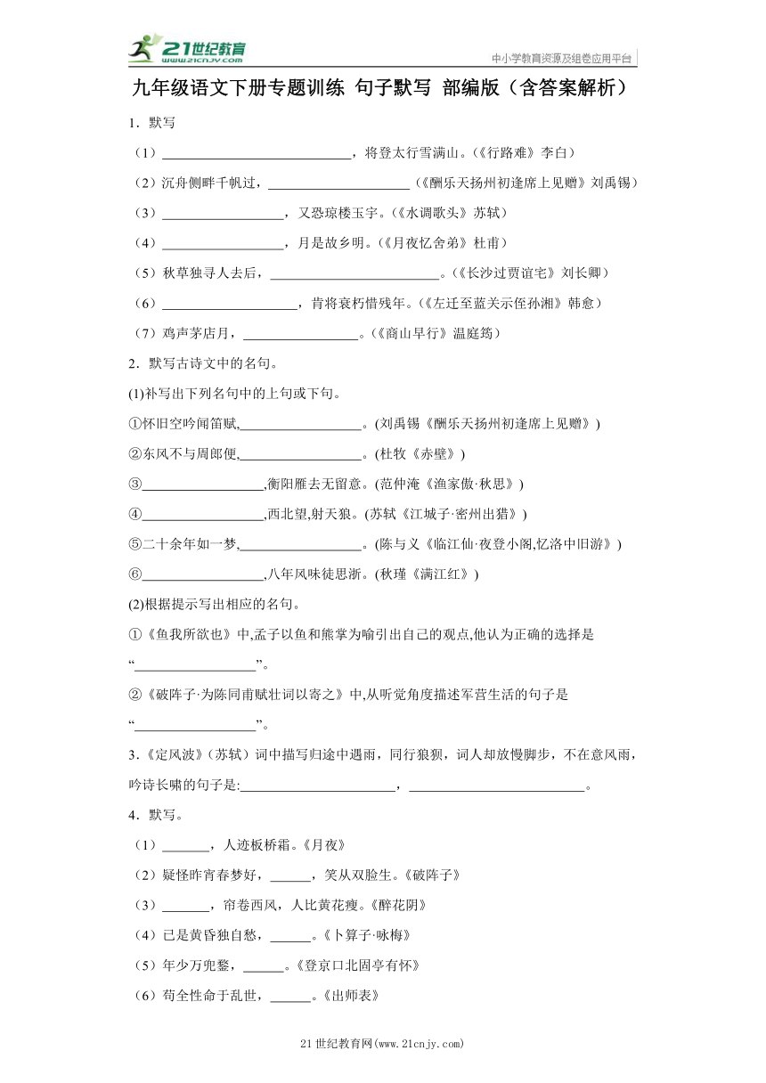 九年级语文下册专题训练 句子默写 部编版（含答案解析）