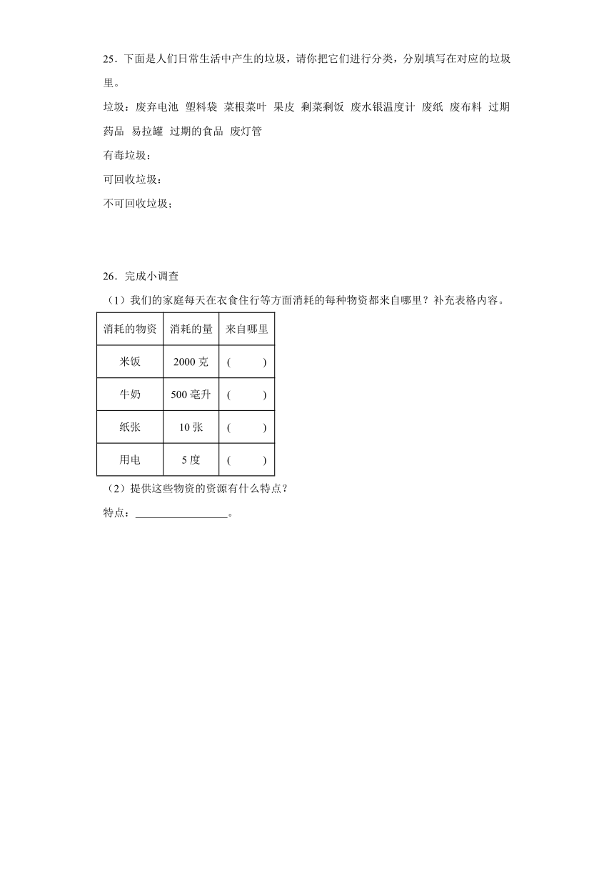 人教鄂教版（2017秋）小学科学 六年级上册 第四单元《自然资源》单元试题（含答案）