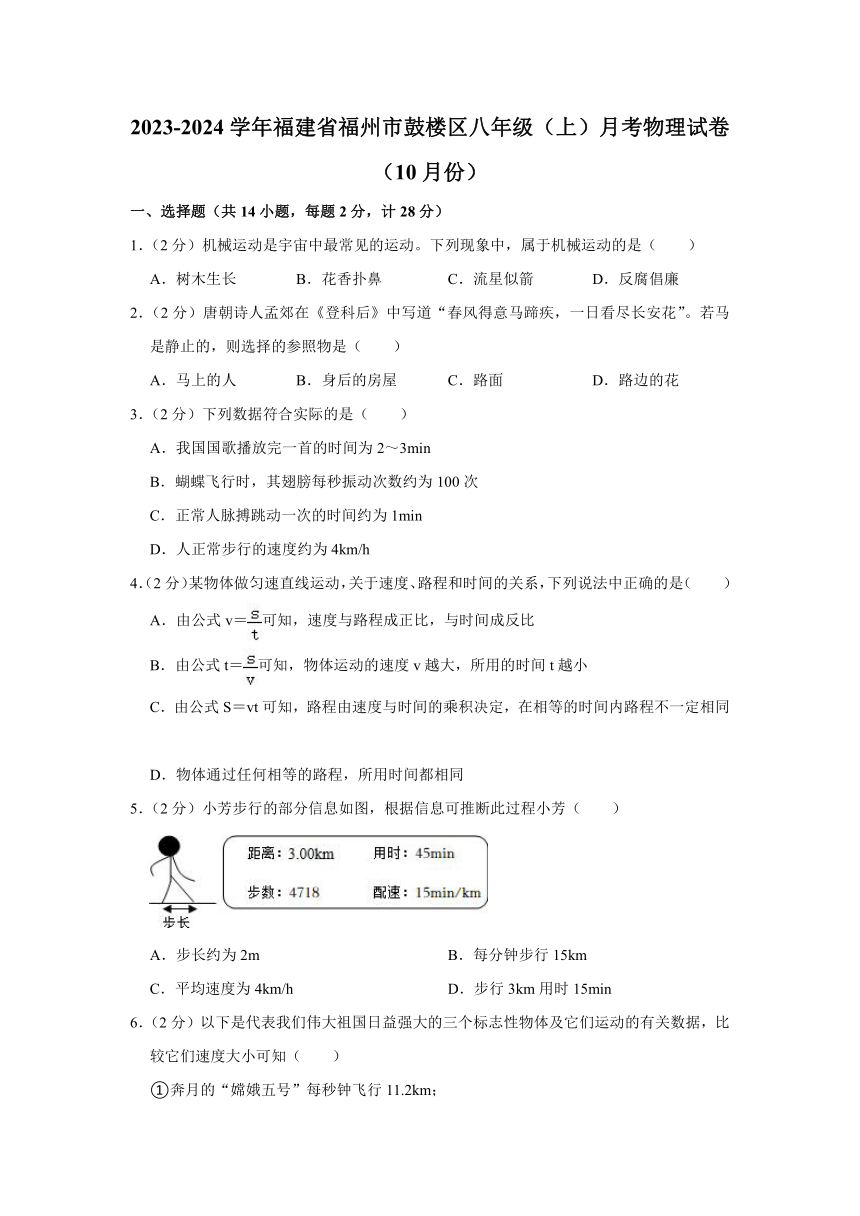 2023-2024学年福建省福州市鼓楼区八年级（上）月考物理试卷（10月份）（PDF版含解析）