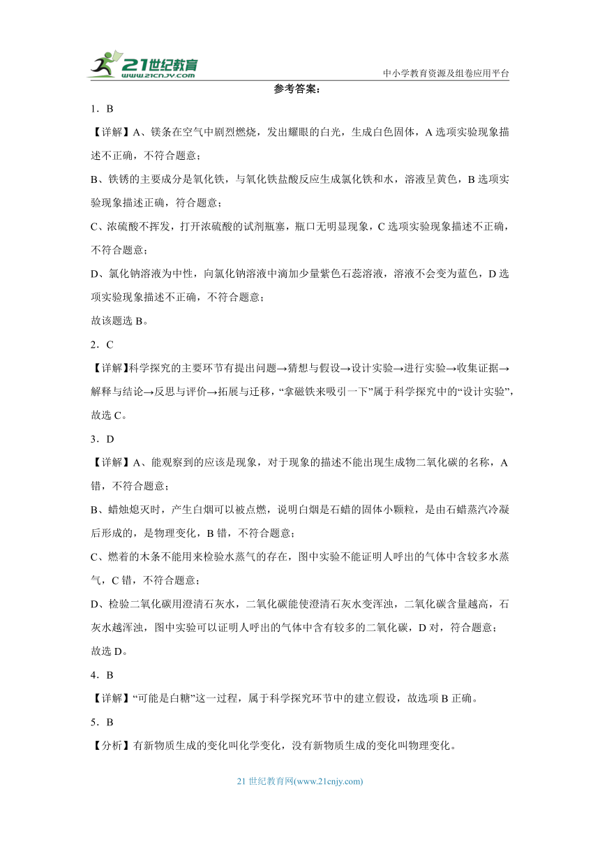 1.2 体验化学探究 同步练习 ---2023-2024学年九年级化学鲁教版上册