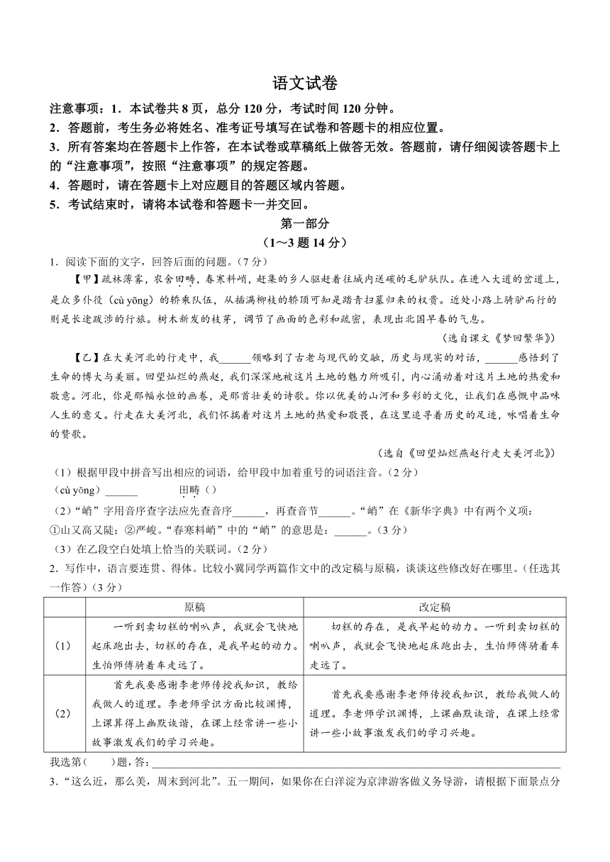2024年河北省沧州市部分学校中考一模语文试题（含答案）