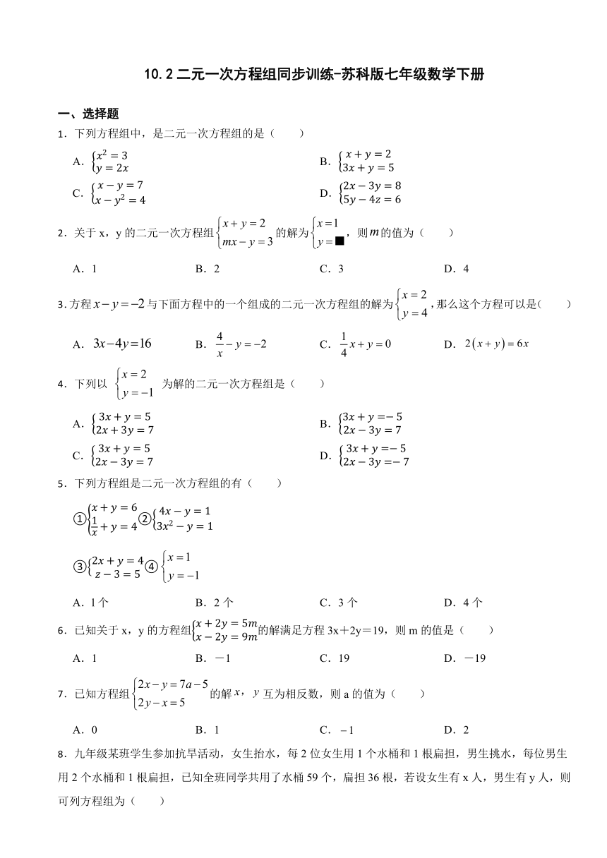 10.2二元一次方程组同步训练苏科版七年级数学下册（含解析）