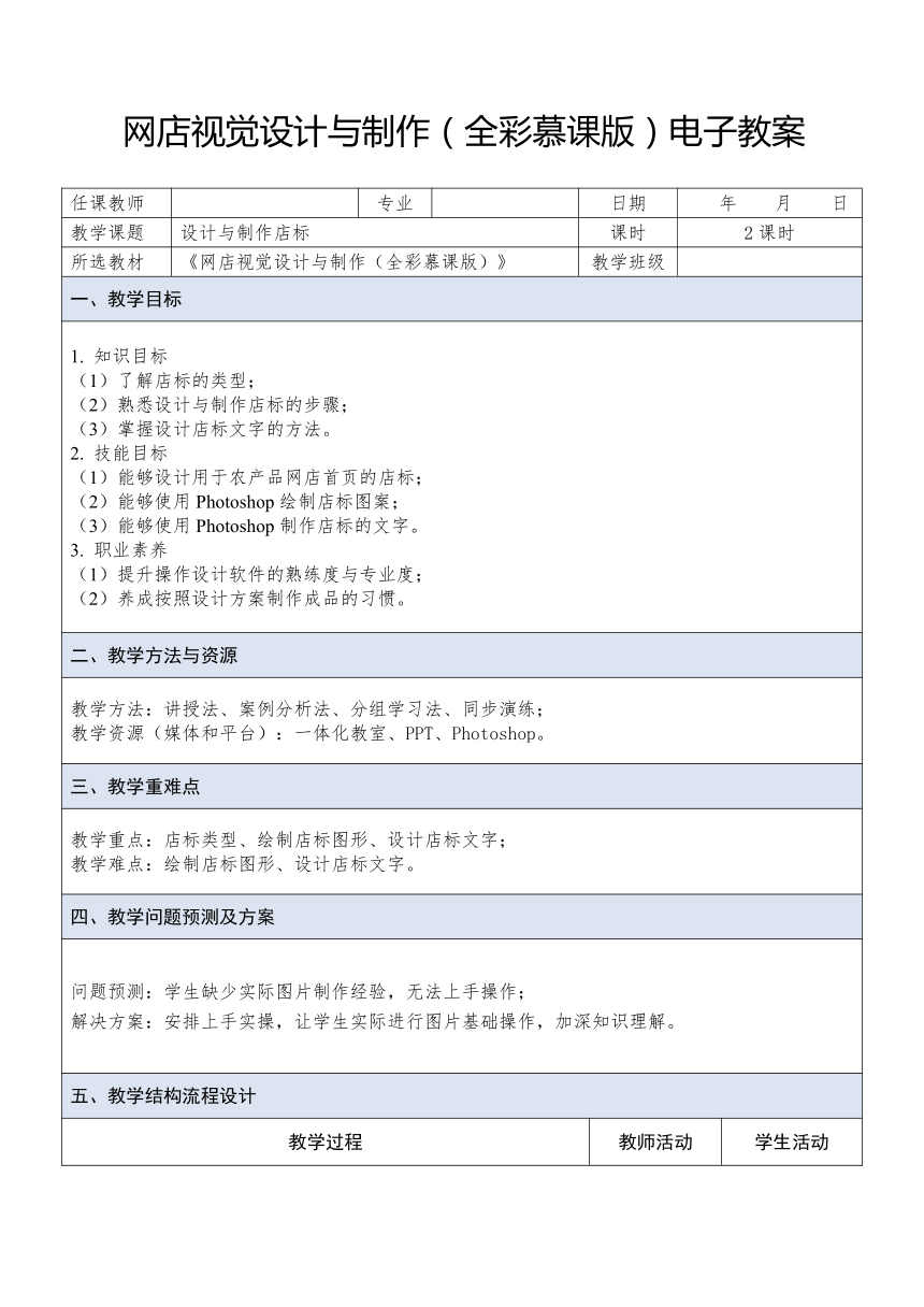 中职《网店视觉设计与制作》（人邮版·2023） 课题19 设计与制作店标 教案（表格式）