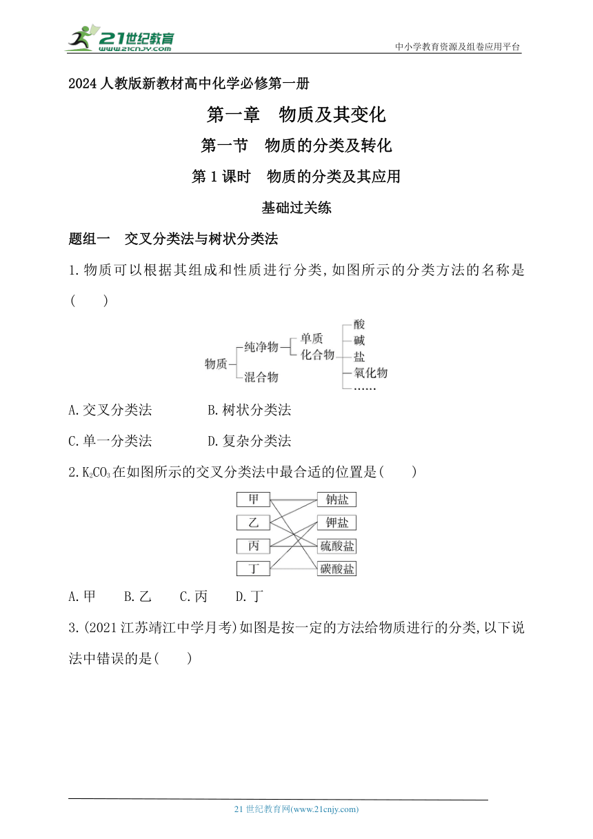 2024人教版新教材高中化学必修第一册同步练习--第1课时　物质的分类及其应用（含解析）