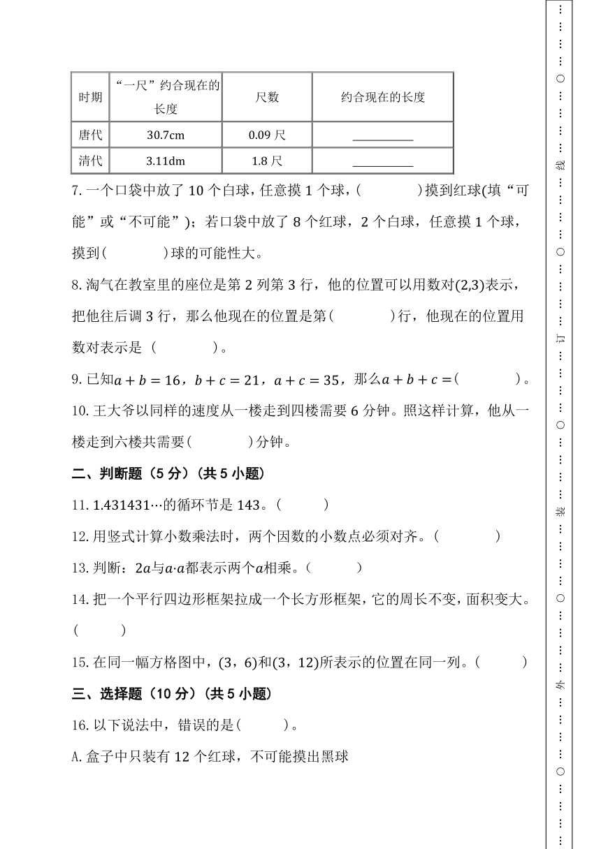 期末综合素养测评卷 人教版数学 五年级上册（含答案）