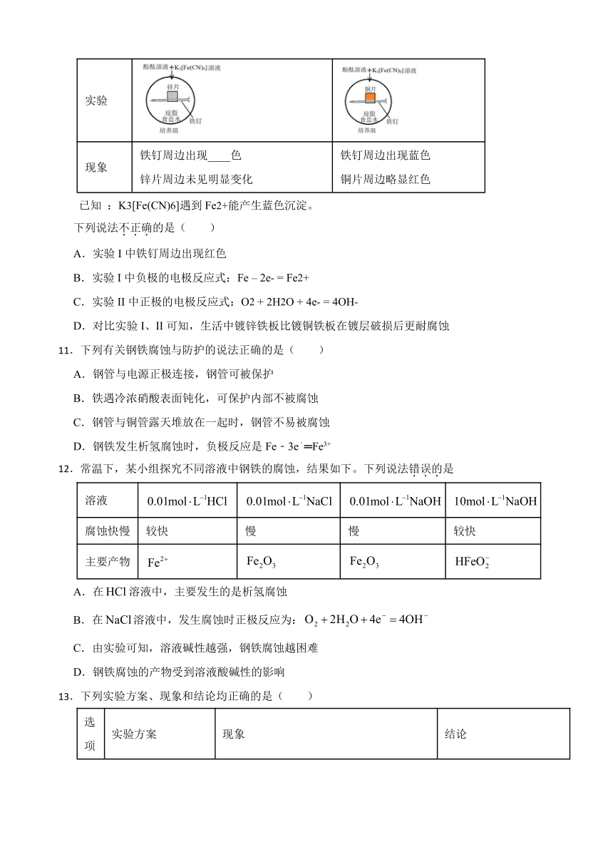 1.4 金属的腐蚀与防护（含解析） 同步练习2023-2024学年高二上学期化学鲁科版（2019）选择性必修1