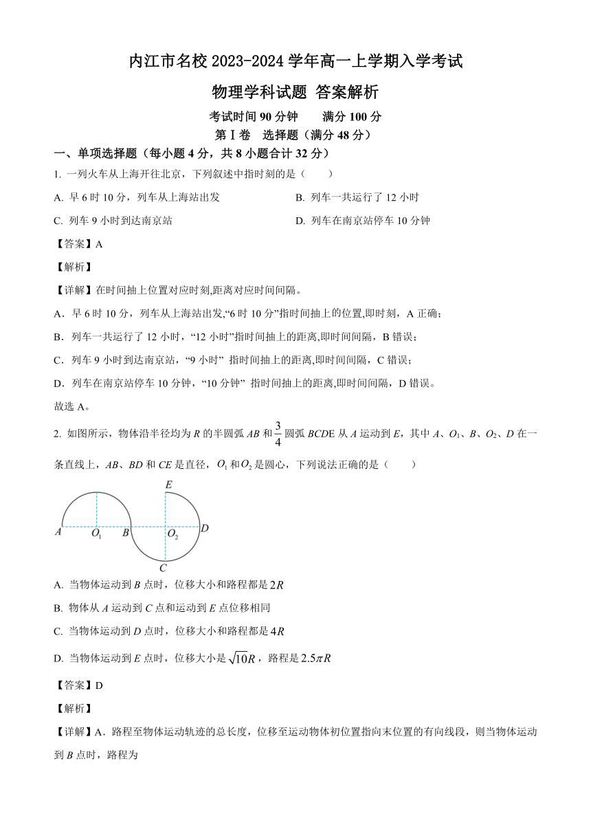 四川省内江市名校2023-2024学年高一上学期入学考试物理试题（原卷版+解析版）