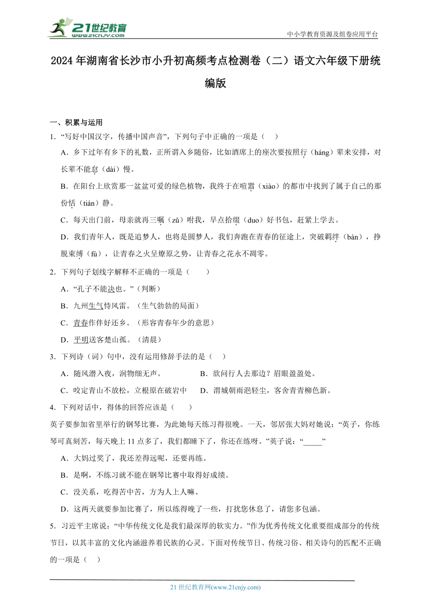 统编版2024年湖南省长沙市小升初高频考点检测卷（二）（含答案）