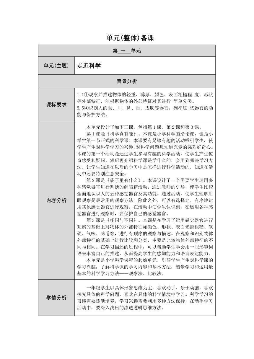 人教鄂教版小学科学一年级上册一单元《走近科学》单元备课  （表格式）