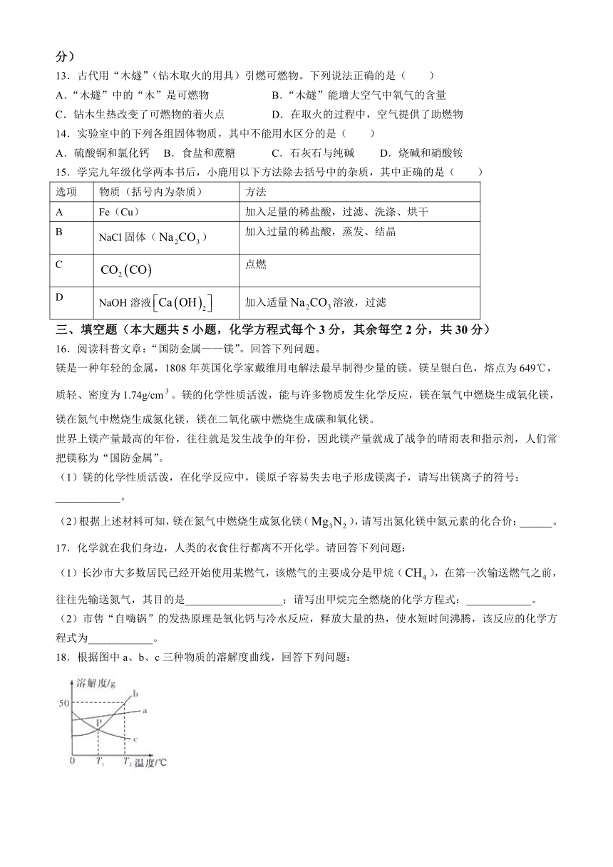 2024年湖南省长沙市长郡教育集团联考一模化学试题(含答案)