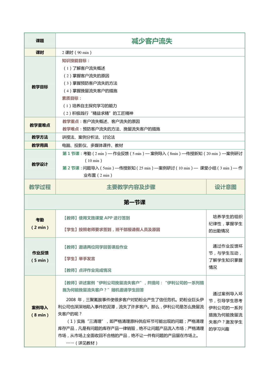 17.1 减少客户流失 教案（表格式）《客户服务与管理》（江苏大学出版社）