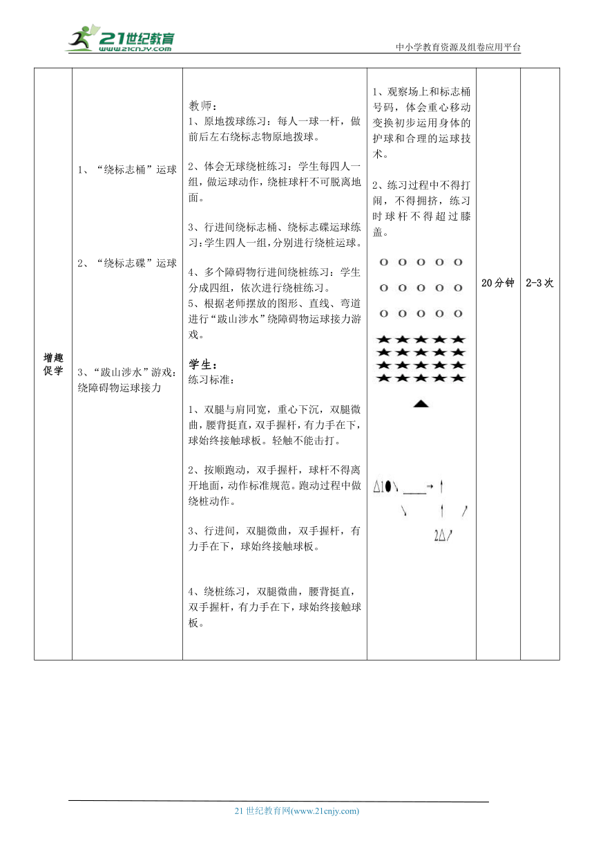 体育与健康二年级 第15课时 障碍运球+游戏：跋山涉水--旱地冰球障碍运球 大单元课时教案