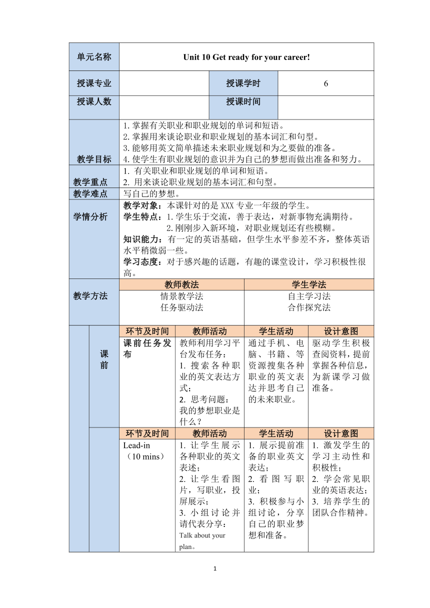 中职《智学英语基础教程2》（大连理工版·2021）Unit 10 Get ready for your career!同步教案（表格式）