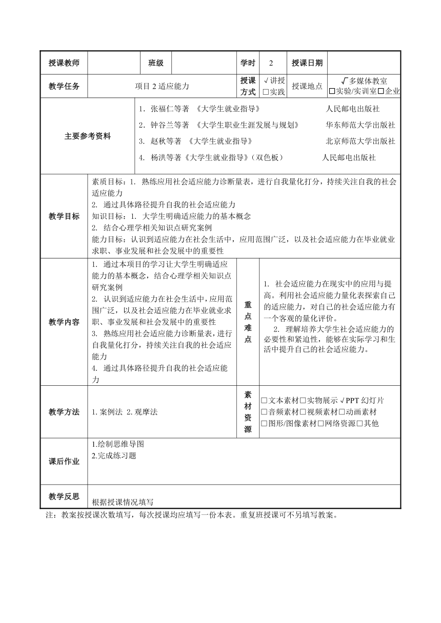 中职《大学生就业指导（第4版》（人邮版·2021） 3-2、适应能力 教案（表格式）