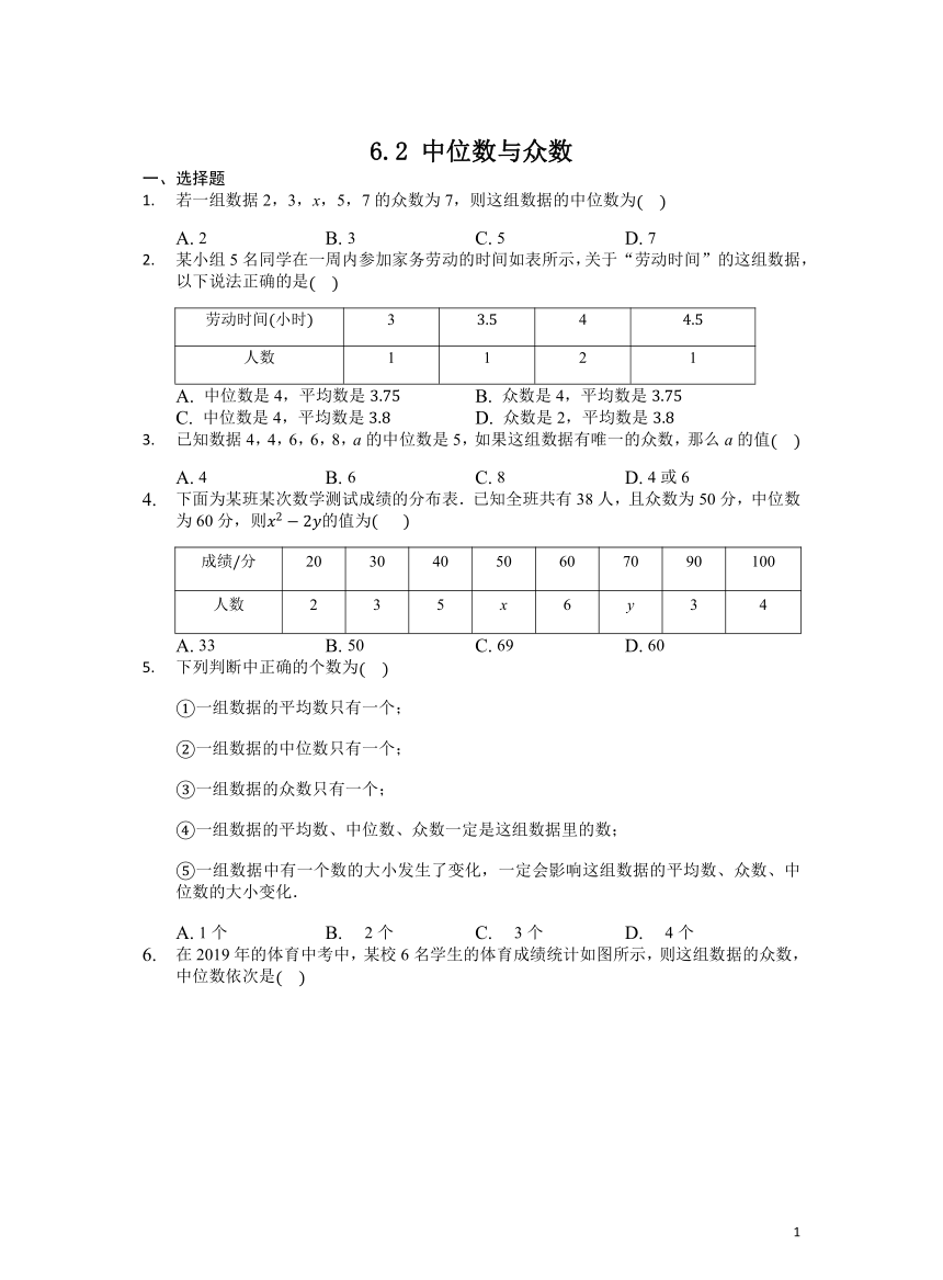 初中数学北师大版八上作业6.2中位数与众数(有答案)