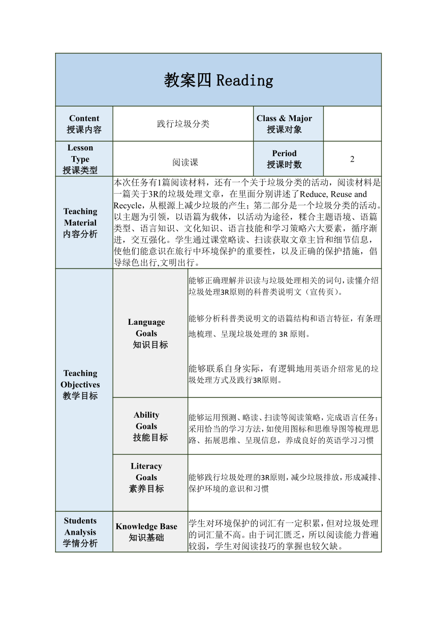 外研版（2021）基础模块1 Unit 5 We Have Only One Earth Reanding and writing 教案（表格式）