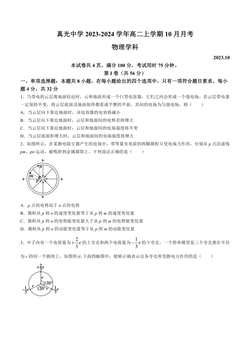 广东省广州市荔湾区真光中学2023-2024学年高二上学期10月月考物理试题（含答案）