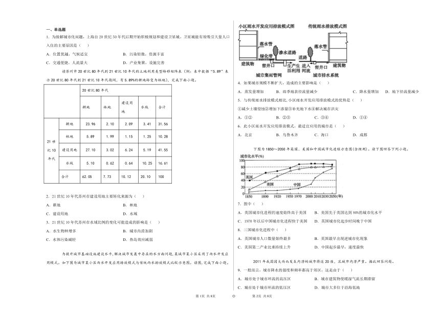 2.3.2 城市化进程及其影响 同步练习-湘教版（2019）高中地理必修二（含解析）