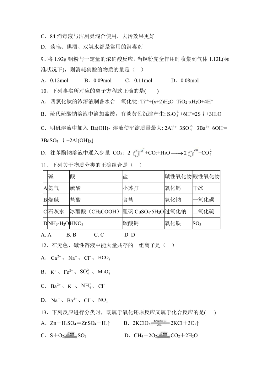 2023—2024学年上学期高一化学鲁科版（2019）必修第一册第二章  元素与物质世界  课后练习题（含答案）