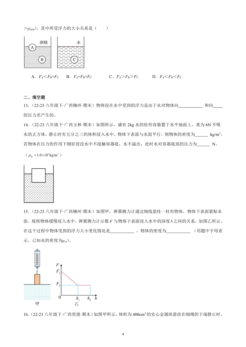 第十章 浮力 期末试题选编(含解析) 2022－2023学年下学期广西各地八年级物理