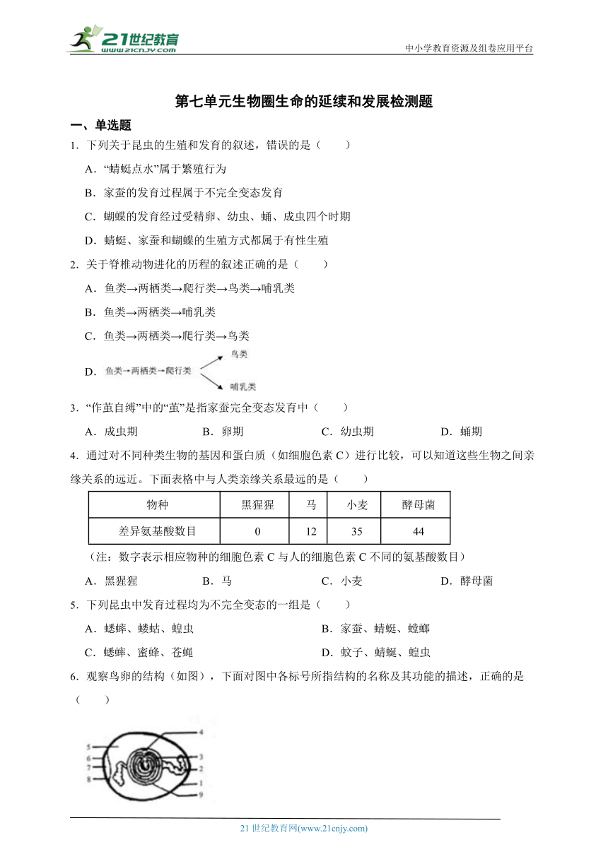 第七单元生物圈生命的延续和发展检测试题（含解析）