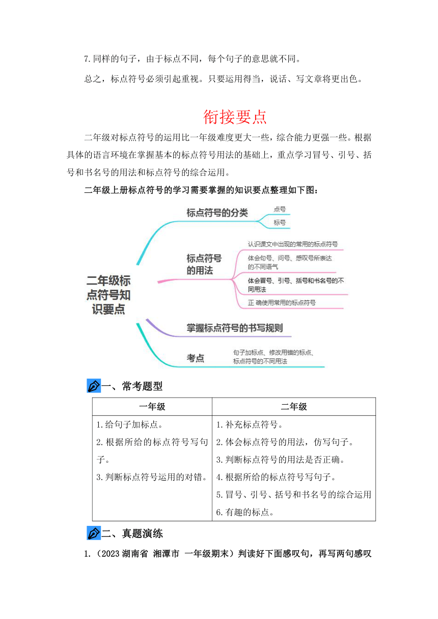 统编版一升二语文暑假衔接课 专题05 标点符号 讲义+试题(含答案)