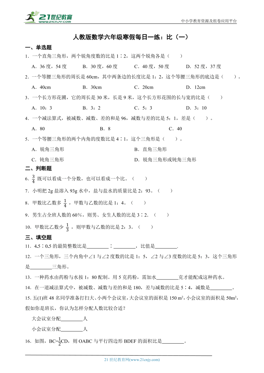 人教版数学六年级寒假每日一练：比（一）(含答案)