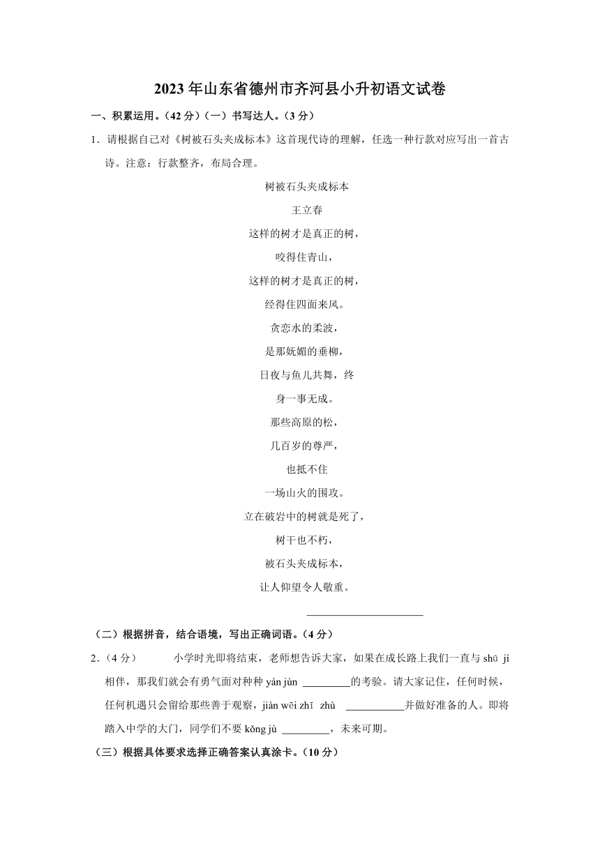 2023年山东省德州市齐河县小升初语文试卷（含解析）