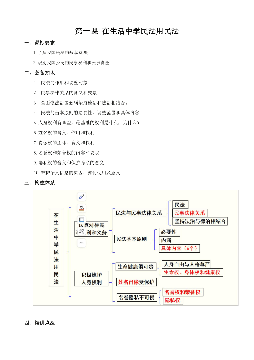 第一课 在生活中学民法用民法 学案 2024年高考思想政治一轮复习统编版选择性必修2