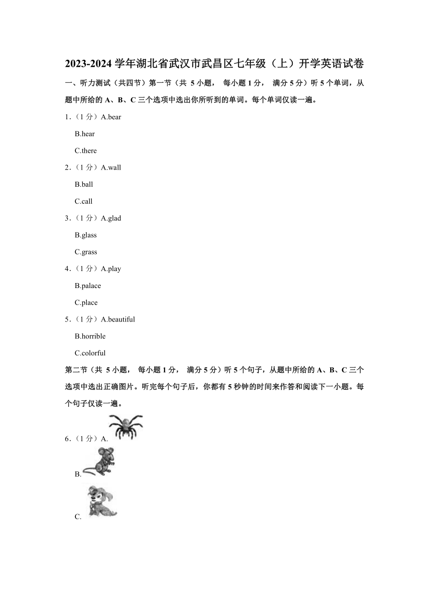 湖北省武汉市武昌区2023-2024学年七年级上学期开学英语试卷（含解析，无听力音频及原文）