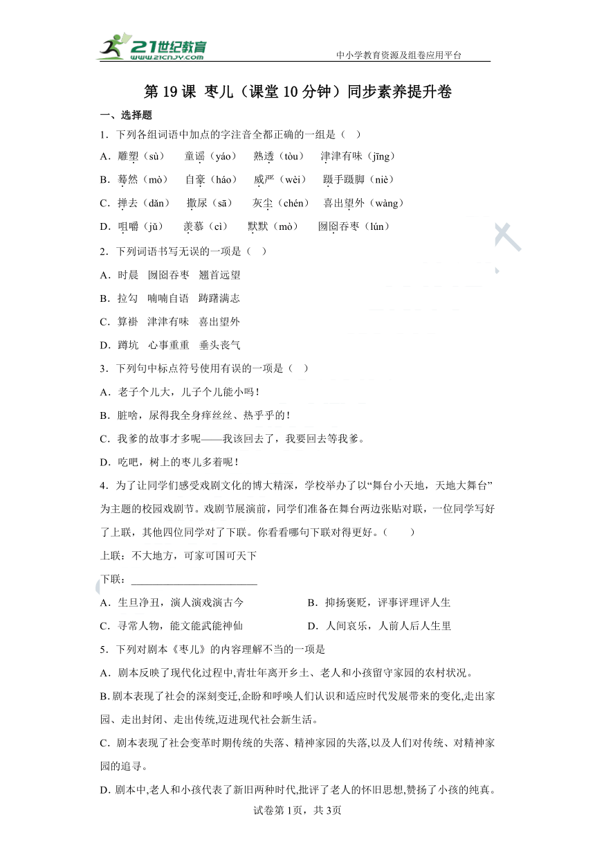 第19课 枣儿（课堂10分钟）素养提升卷（含答案解析）