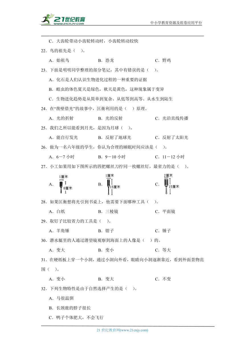 粤教版六年级上册科学期末选择题专题训练（含答案解析）