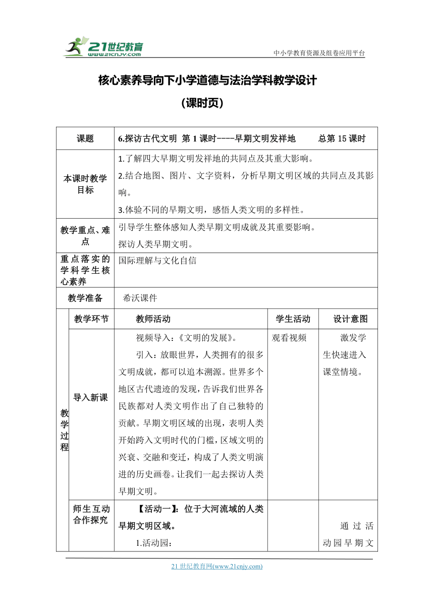 （核心素养目标大单元）6.探访古代文明 第1课时----早期文明发祥地   教案