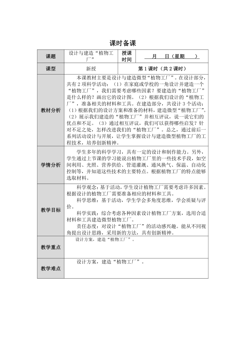 人教鄂教版小学科学六年级上册五单元17课《设计与建造植物工厂》第1课时教案 （表格式）