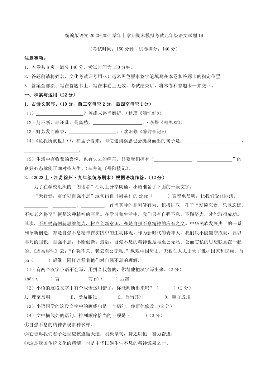 统编版语文2023-2024学年上学期期末模拟考试九年级语文试题19（解析版）