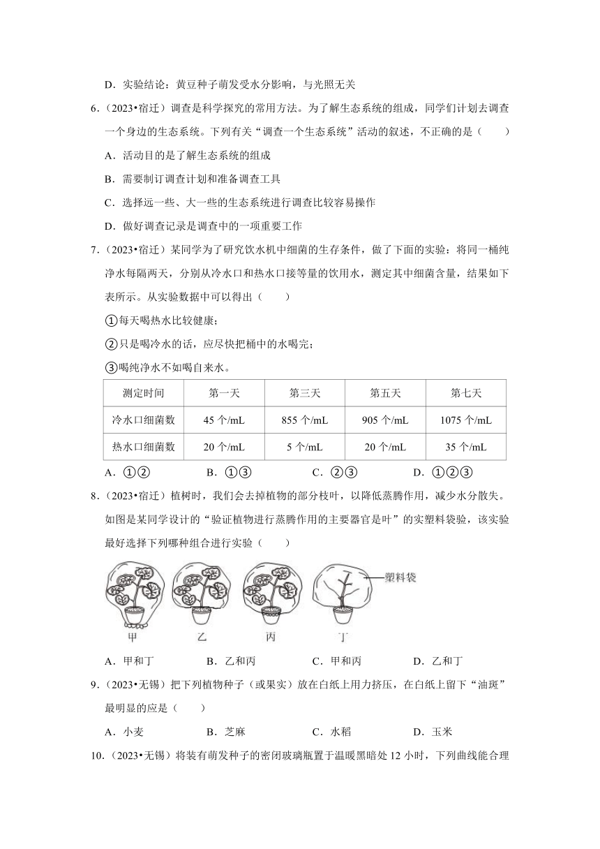 专题8生物实验——2022-2023年江苏省中考生物试题分类（含解析）