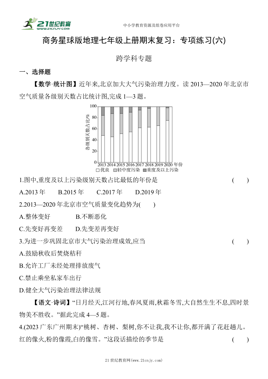 商务星球版地理七年级上册期末复习：专项练习(六) 跨学科专题（含解析）