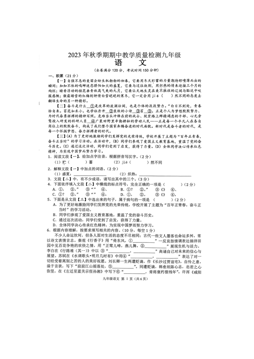 广西壮族自治区贵港市港南区2023-2024学年九年级上学期11月期中语文试题（图片版含答案）