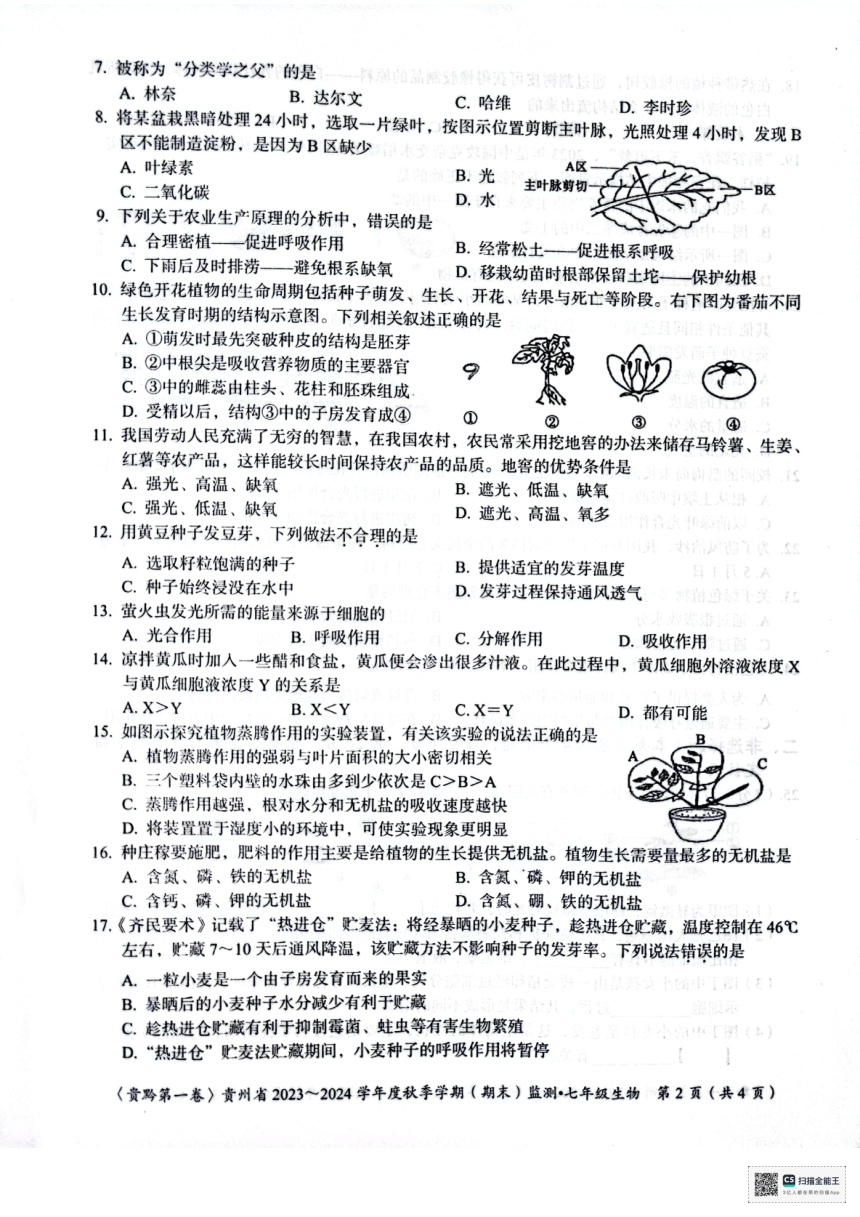 贵州省遵义市十校2023-2024学年七年级上学期期末联考生物试题（PDF版含答案）