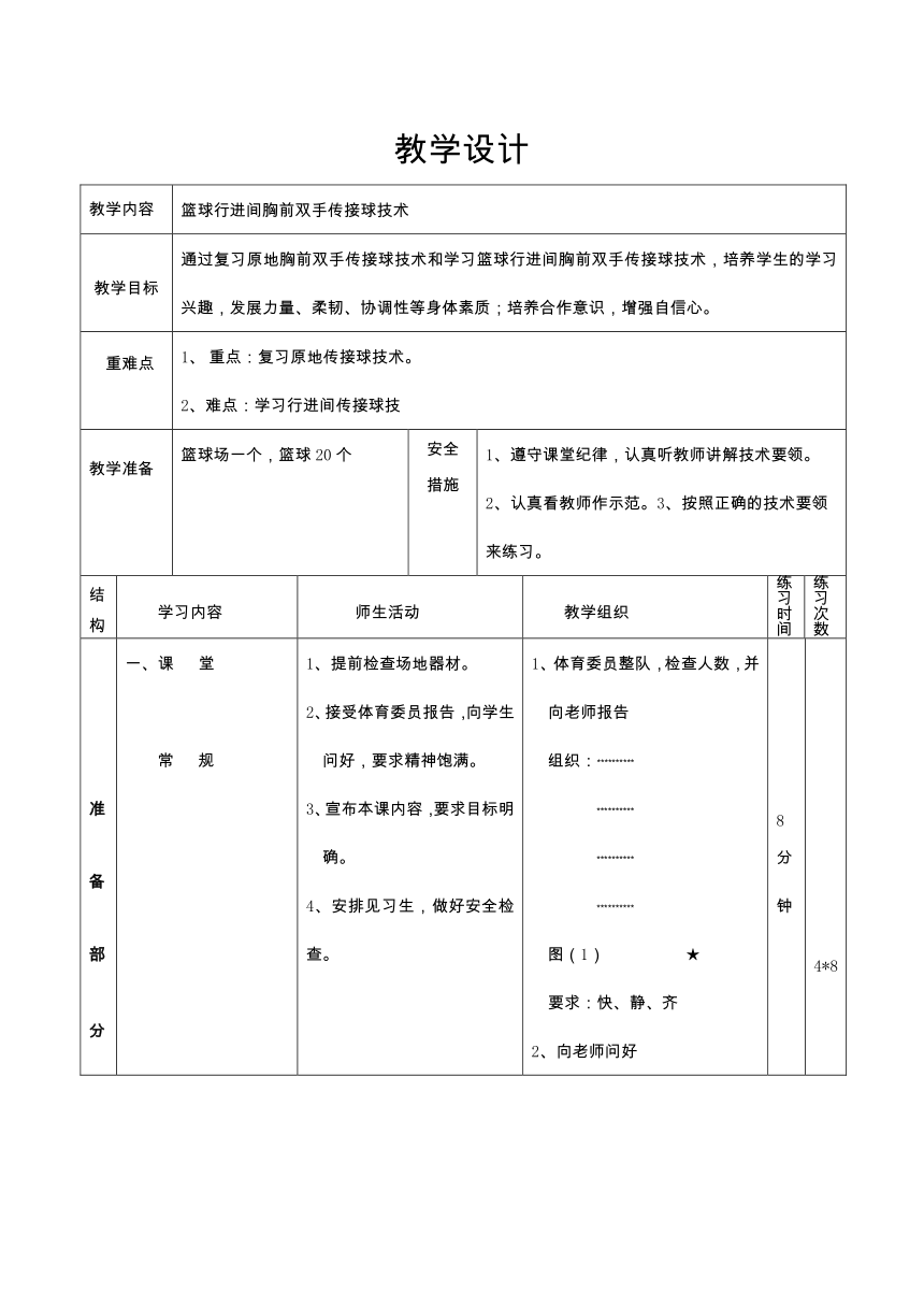 篮球行进间胸前双手传接球技术 教案  （表格式）