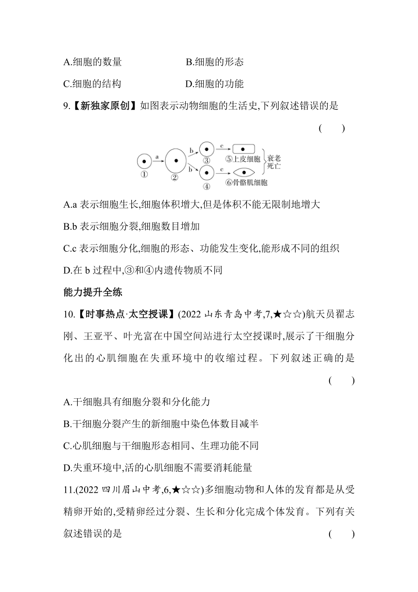 北京课改版生物七年级上册3.1细胞生长、分裂和分化素养提升练（含解析）