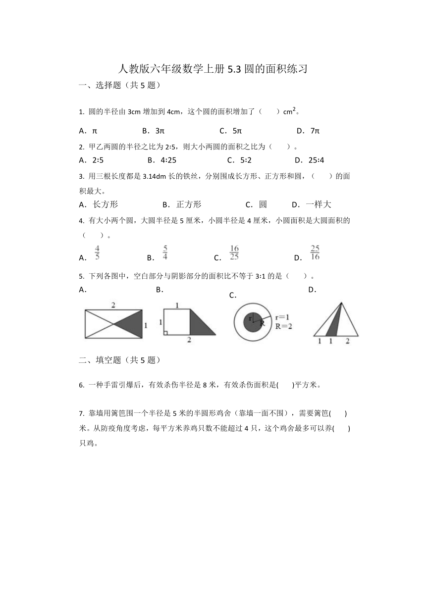 人教版六年级数学上册5.3圆的面积练习（无答案）