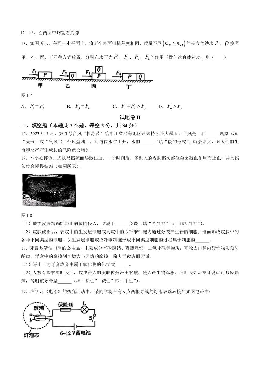 2024年浙江省宁波市多校联考初中学业水平考试（一模）科学试题（word 含答案）