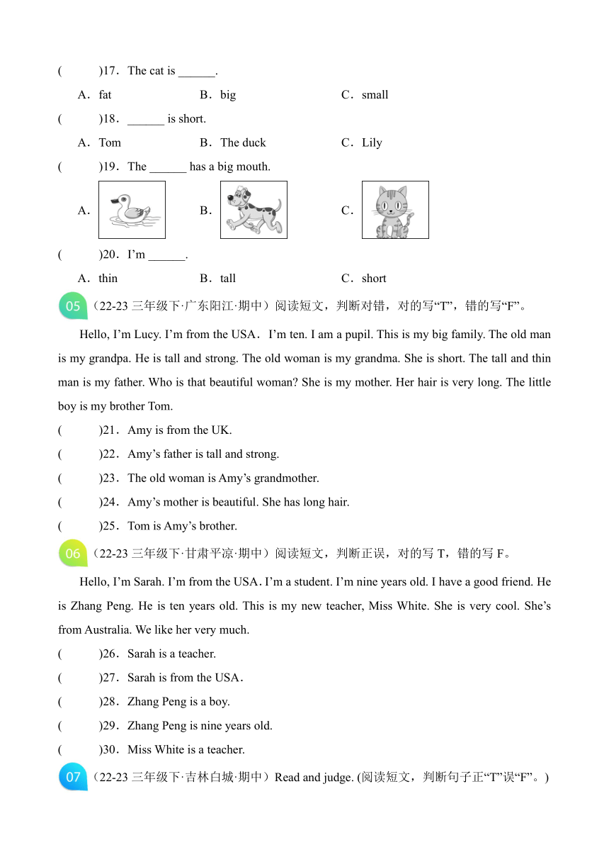 2023-2024学年人教PEP版三年级英语下学期期中专项复习阅读（含答案）