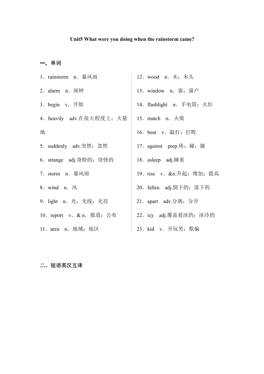 Unit 5 What were you doing when the rainstorm came? 知识点总结及练习（无答案） 2023-2024学年人教版英语八年级下册