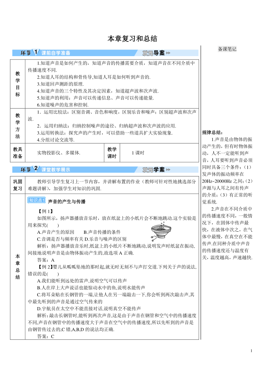 【高效备课】人教版物理八(上) 第二章 声现象 本章复习和总结 优质教案